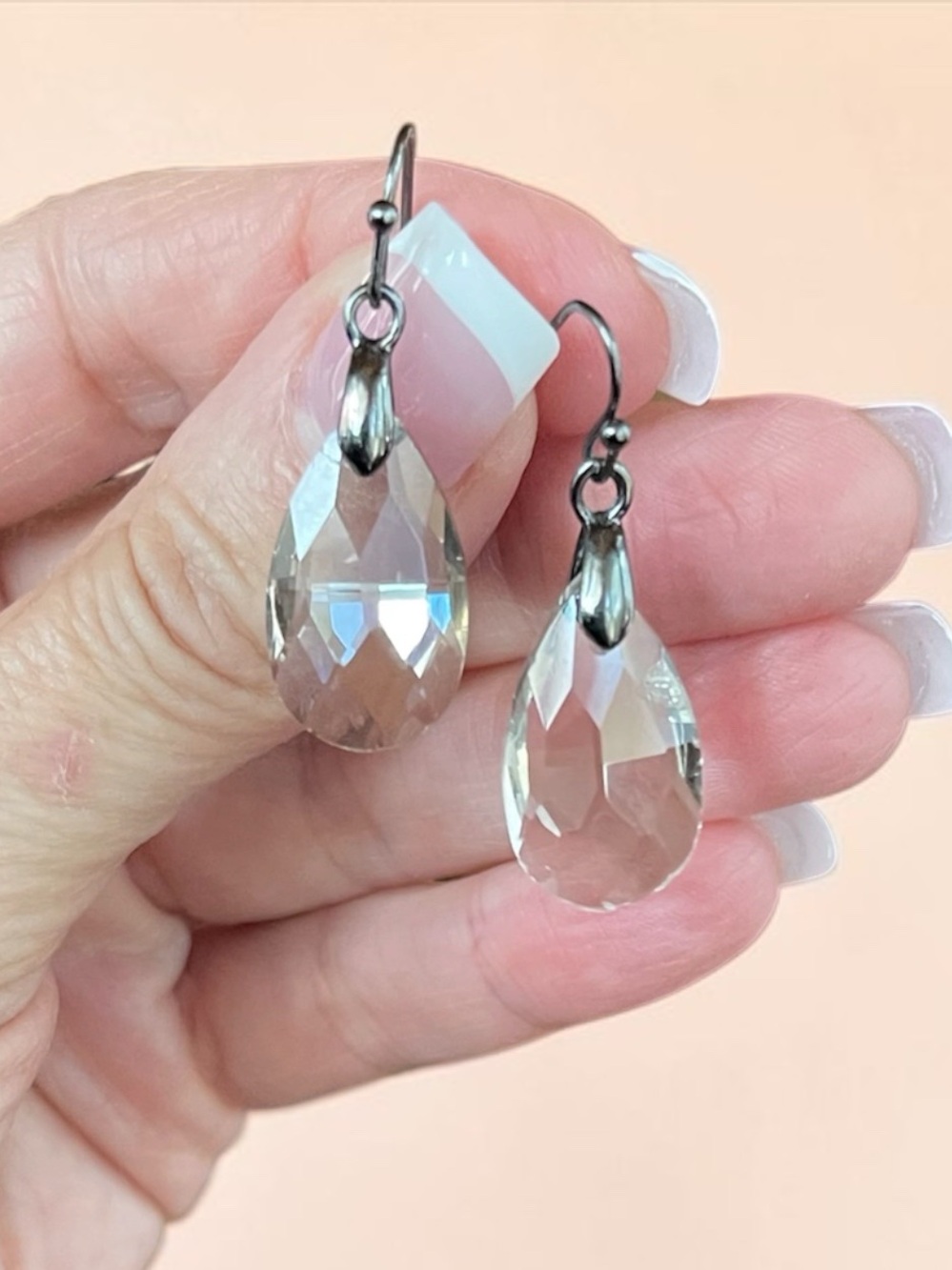 Vintage Smoky Quartz Gunmetal Tone Teardrop Earrings